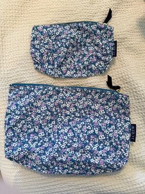 J. Crew Navy Floral Zip Pouch Set with Pink & White Blossoms